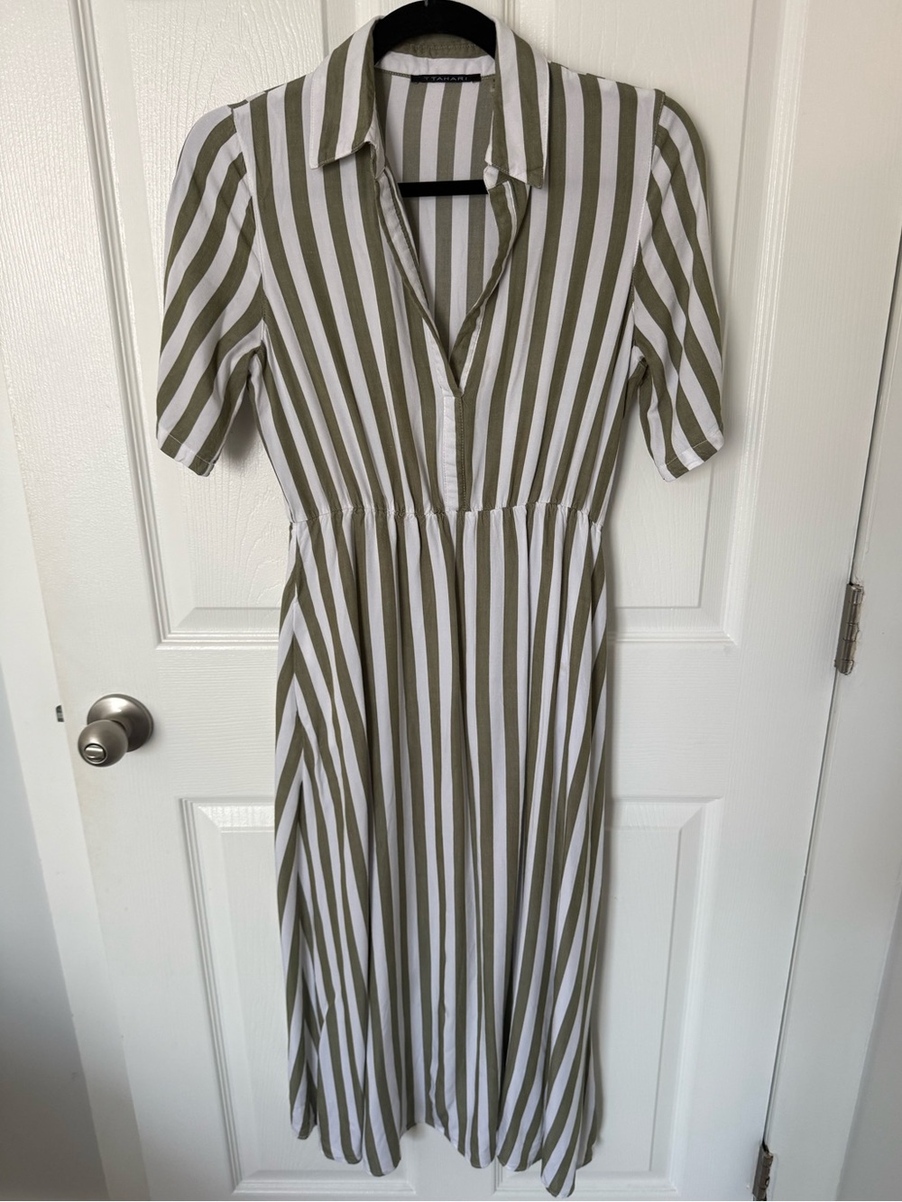 T Tahari Olive and White Stripped Belted Shirtdress - Picture 2 of 12